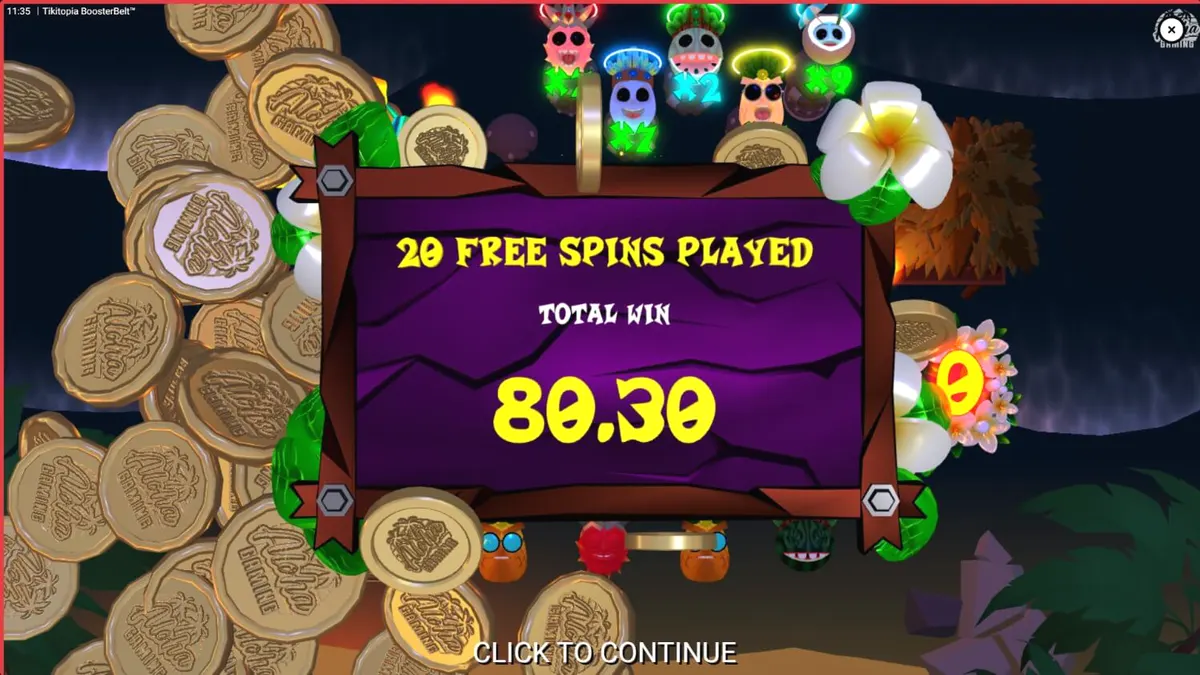 Tampilan visual slot Tikitopia BoosterBelt dengan elemen totem Tiki dan simbol buah tropis