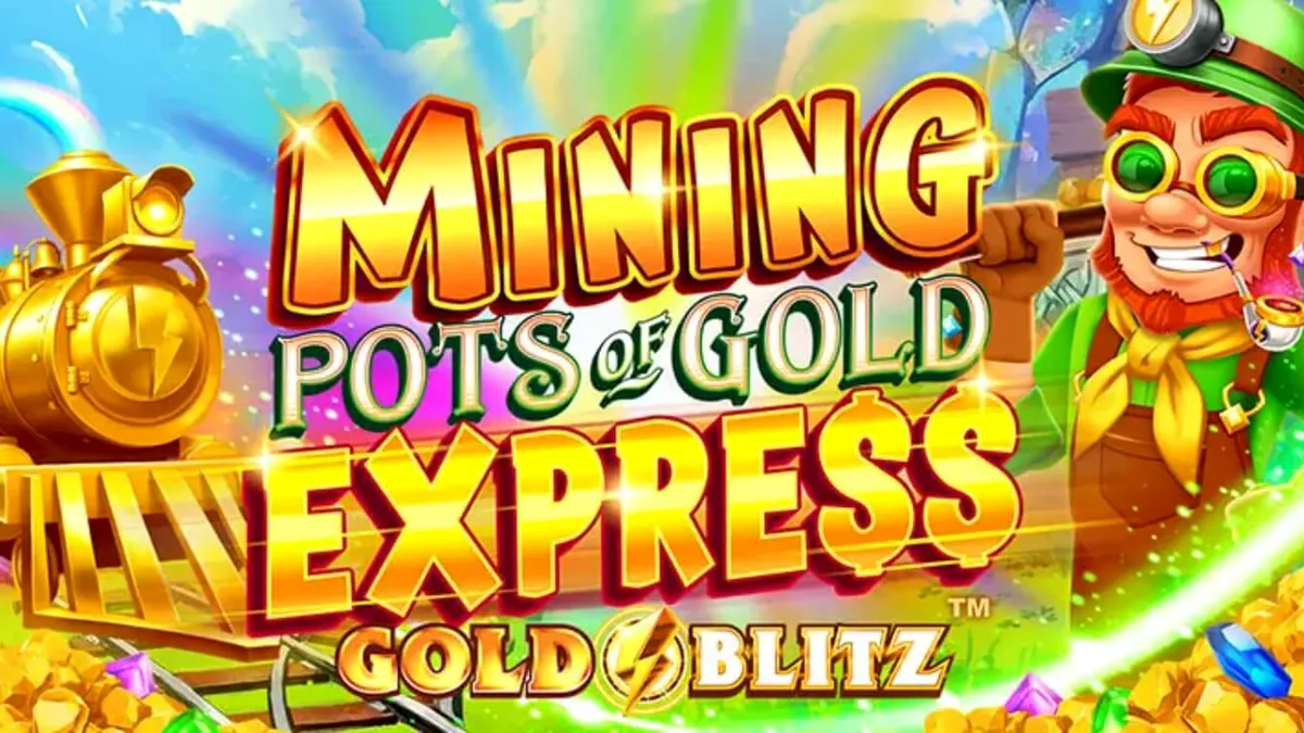 Tampilan visual slot Mining Pots of Gold Express Gold Blitz dengan tema leprechaun dan tambang emas