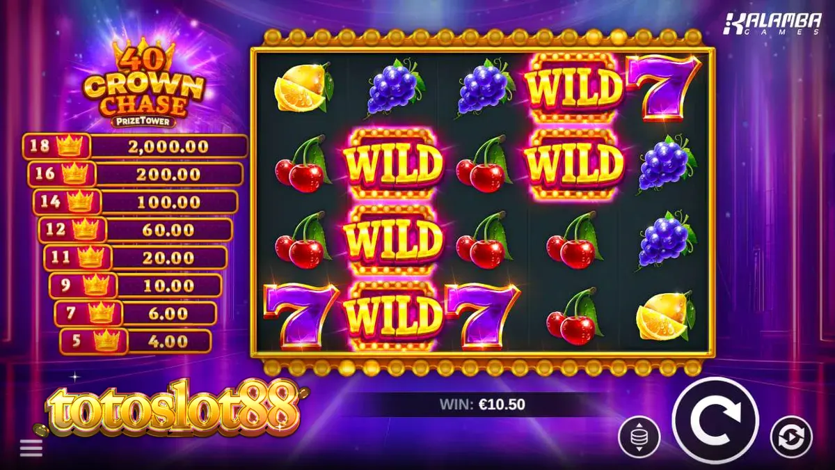 Tampilan visual slot 40 Crown Chase PrizeTower dengan simbol mahkota dan buah-buahan.